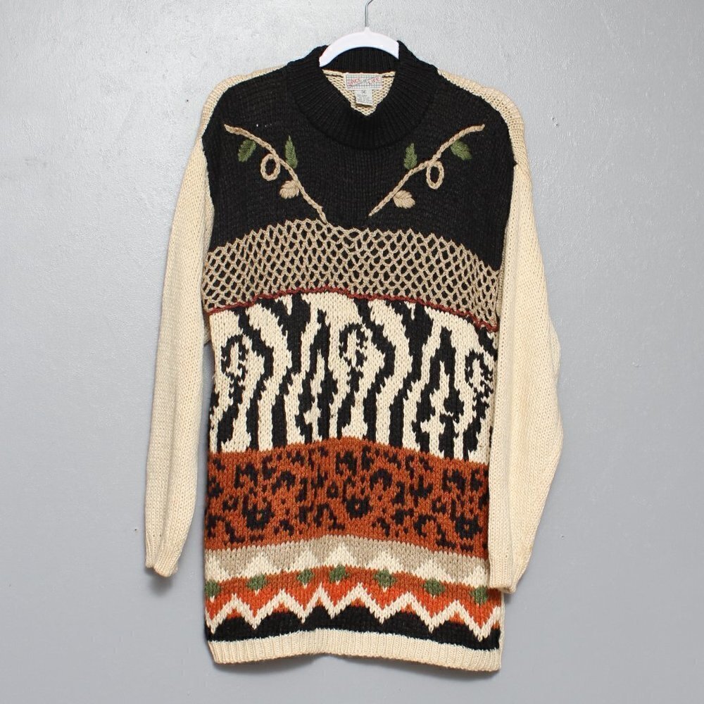 Vintage spice of life chunky knit mixed animal print sweater